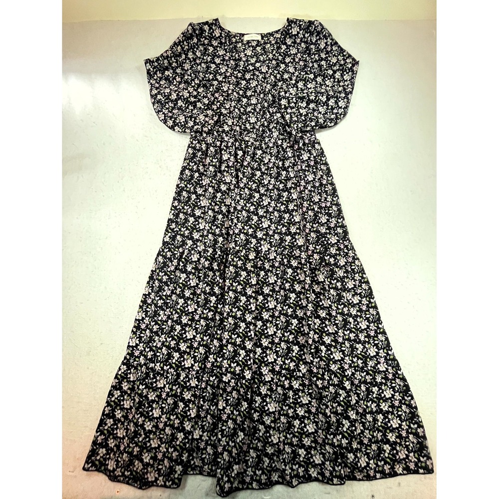 Y2K Orange Creek Tiered Maxi Dress Womens Small Black Floral Flutter Sleeve